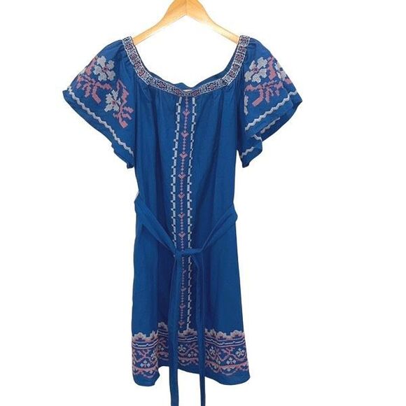 Cupcake and Cashmere Boho Embroidered Cotton Linen Mini Dress Blue Medium - Picture 1 of 11